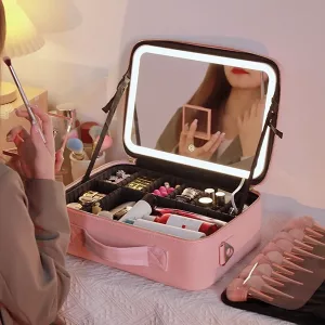 Bolsa para maquiagem e produtos de higiene pessoal organizadora de cosméticos com espelho LED para mulheres